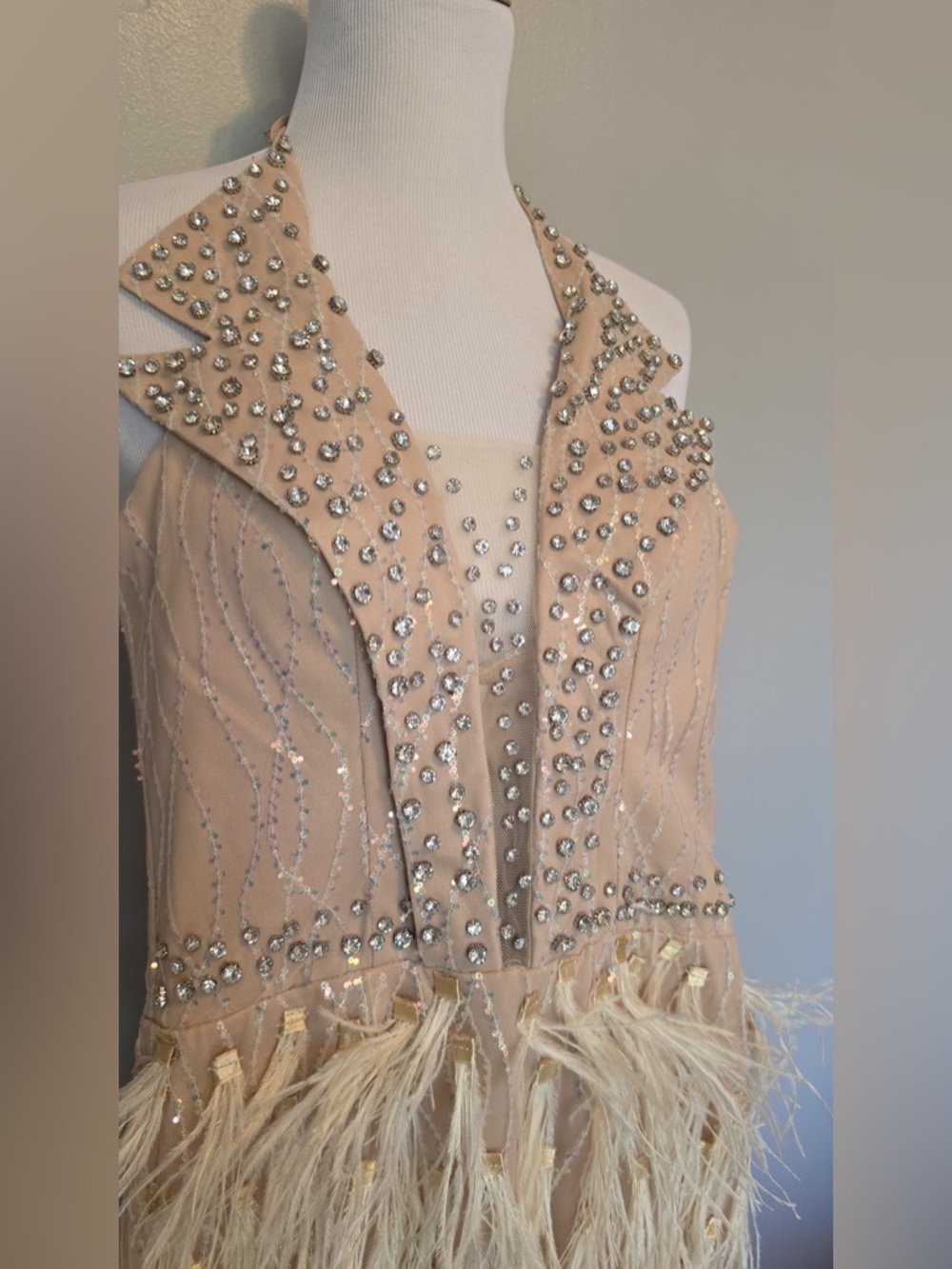 Elegant Feathered Halter Mini Dress in Champagne - Picture 7 of 14